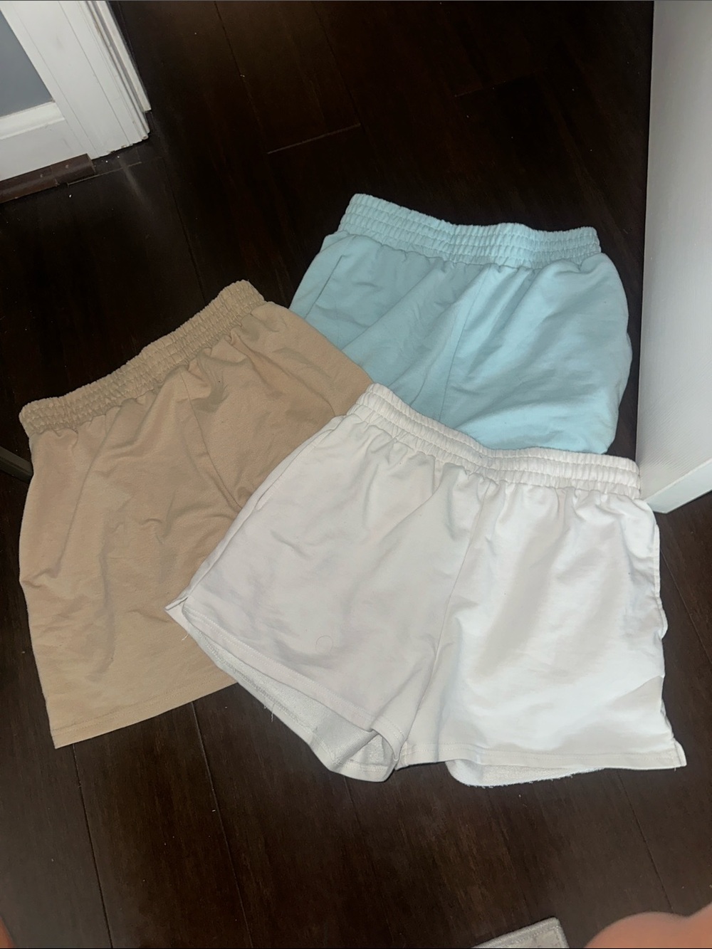 3 pack Women’s Elastic-Waist Lounge sweat Shorts - White, Beige, Light Blue